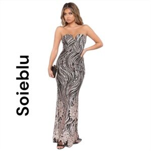 Soieblu Strapless Mesh and Sequin Long Gown